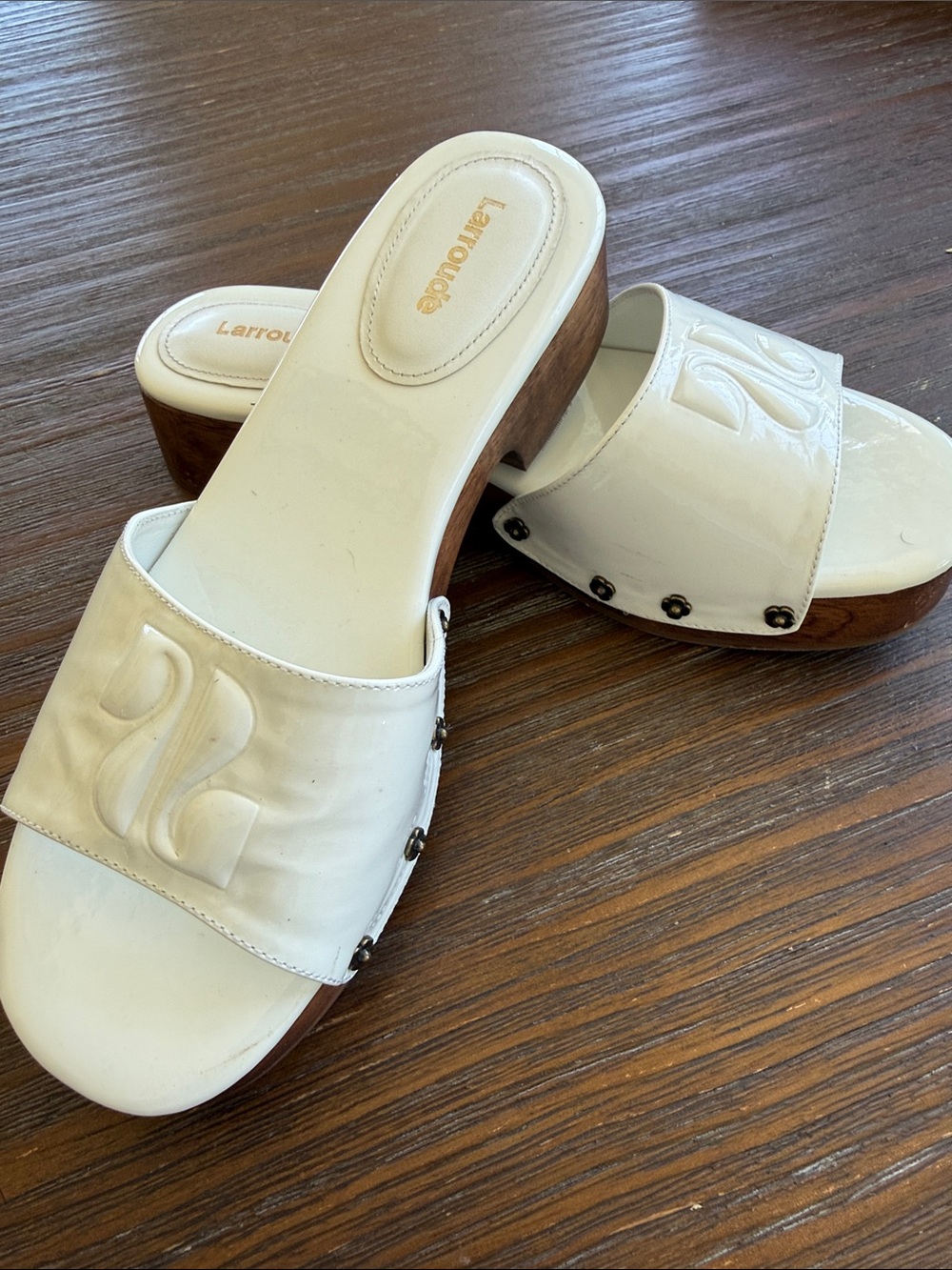 Larroude White Patent Leather Wood-Platform Slide Clogs